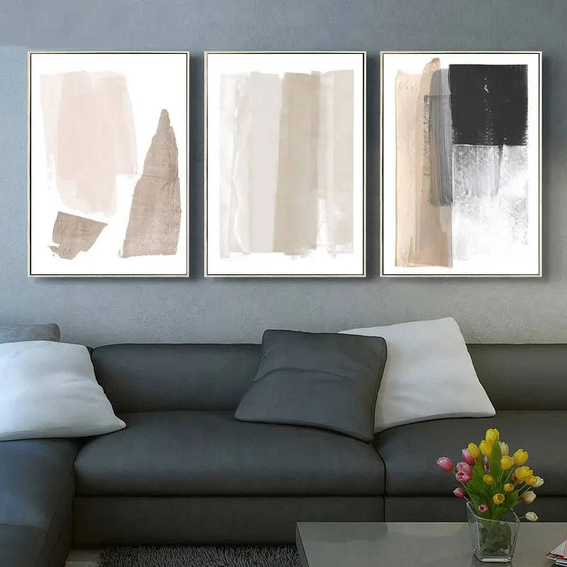 Abstract Beige Pink Black Gray Paint Canvas Painting,Boho Minimalist Style Pictures Living Room Decor Wall Art Poster Unframed