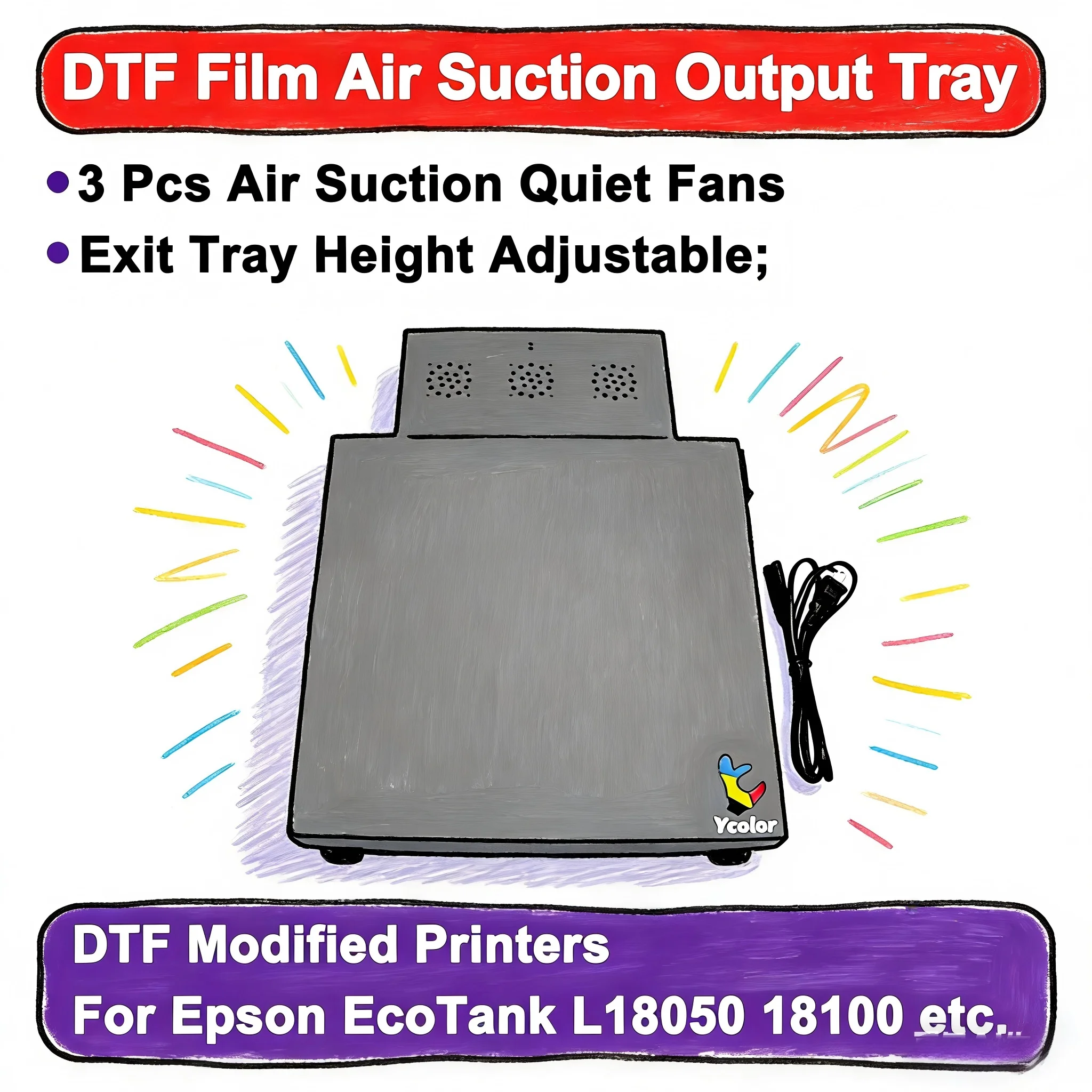 DTF Air Suction Output Tray Platform for Epson EcoTank L18050 18100 DTF Modified Printer, 3 Quiet Fans, Height Adjustable, Metal