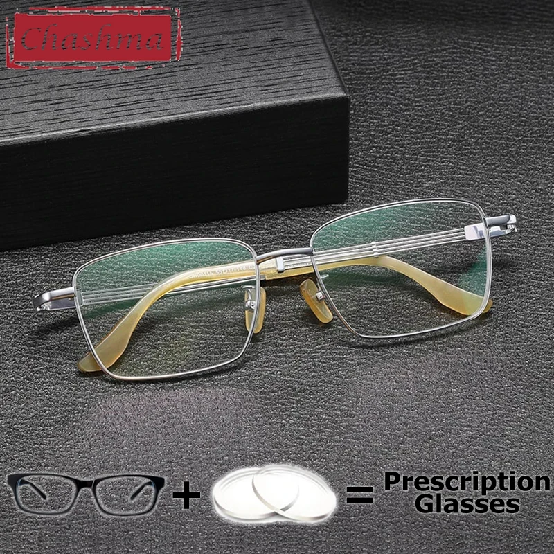 Chashma Prescription Glasses Men Top Quality Pure Titanium Spectacles Lightweight Eyeglasses Frames Ox Horn Temple 148mm Eyewear