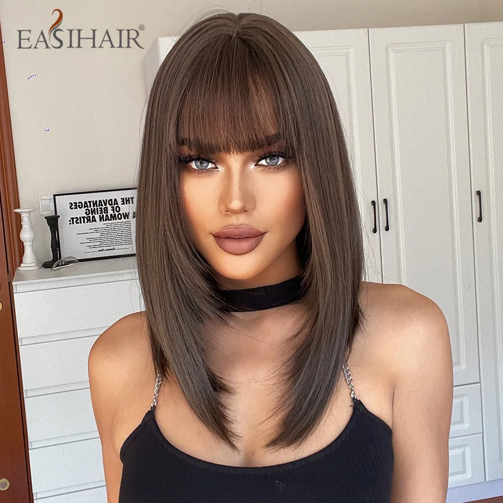 EASIHAIR Short Straight Chestnut Brown Black Synthetic Wigs with Bang Layered Medium Length Wigs for Women Daily Heat Resistant