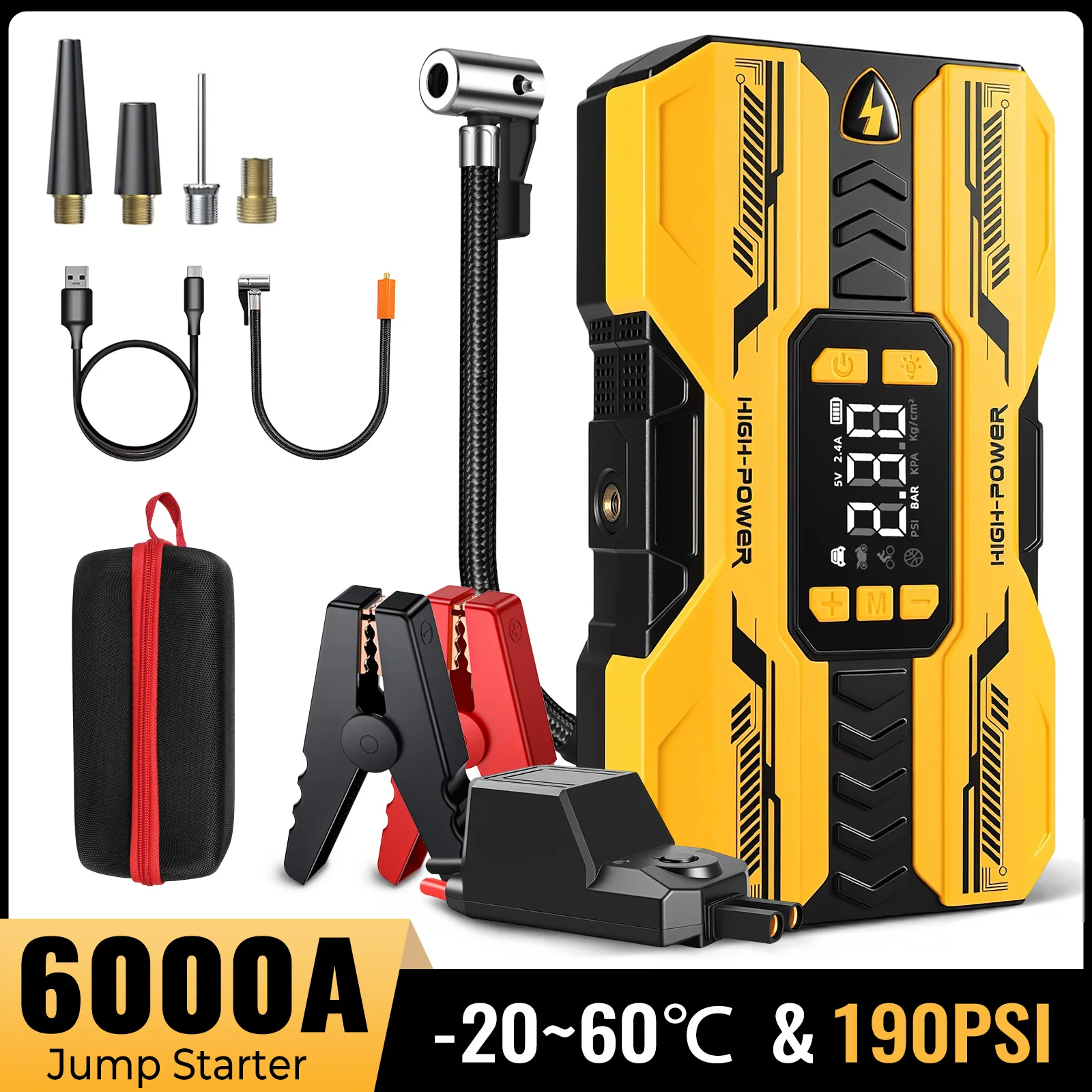 6-in-1 Auto-Starthilfegerät mit Luftkompressor, 8000mAh tragbarer Batterie-Booster, 190PSI Reifenfüller, LED-Licht, USB-Powerbank, 12V