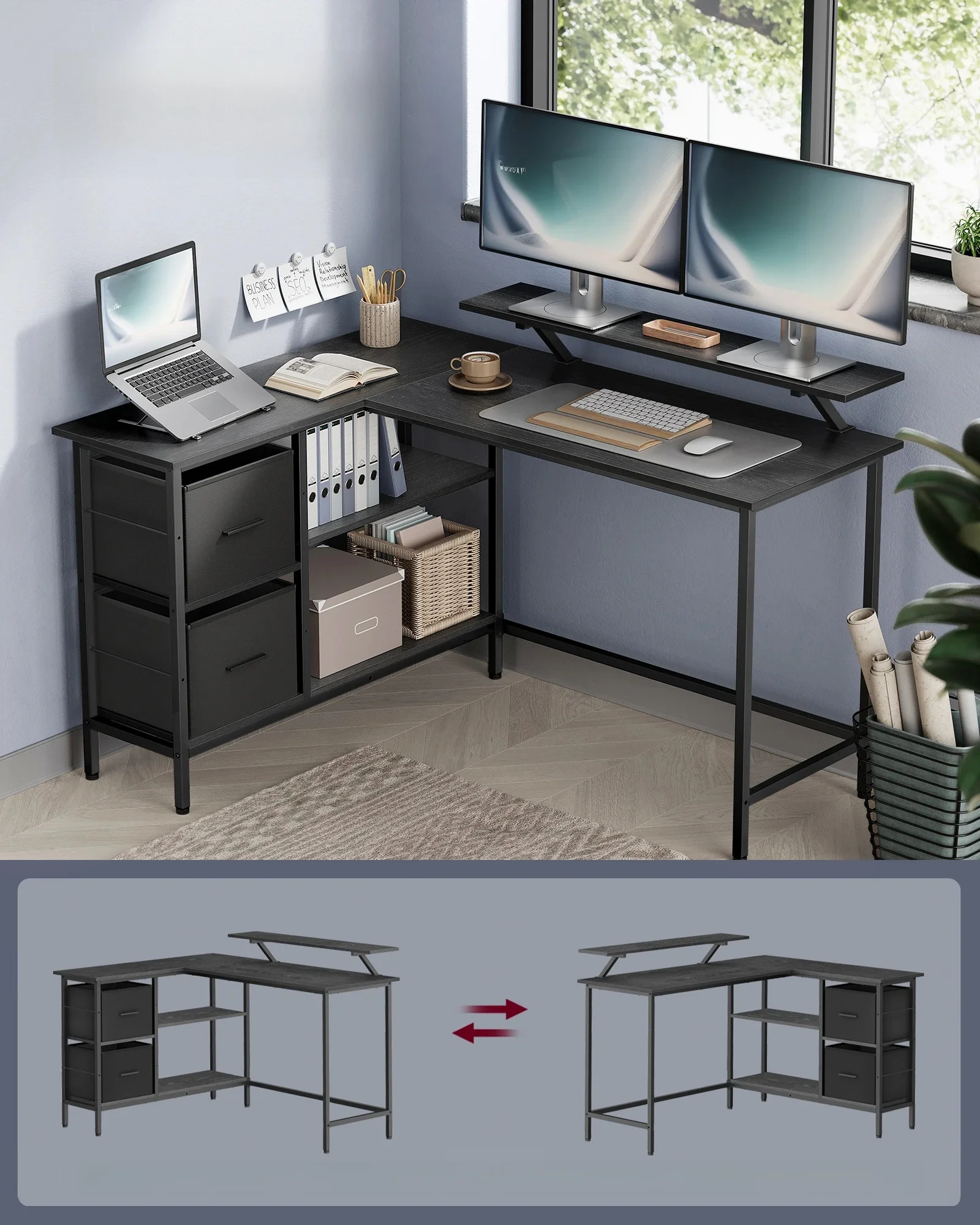 VASAGLE L-vormig bureau, 2 ruime lades, computertafel met monitorstandaard, hoekbureau - afbeelding 2