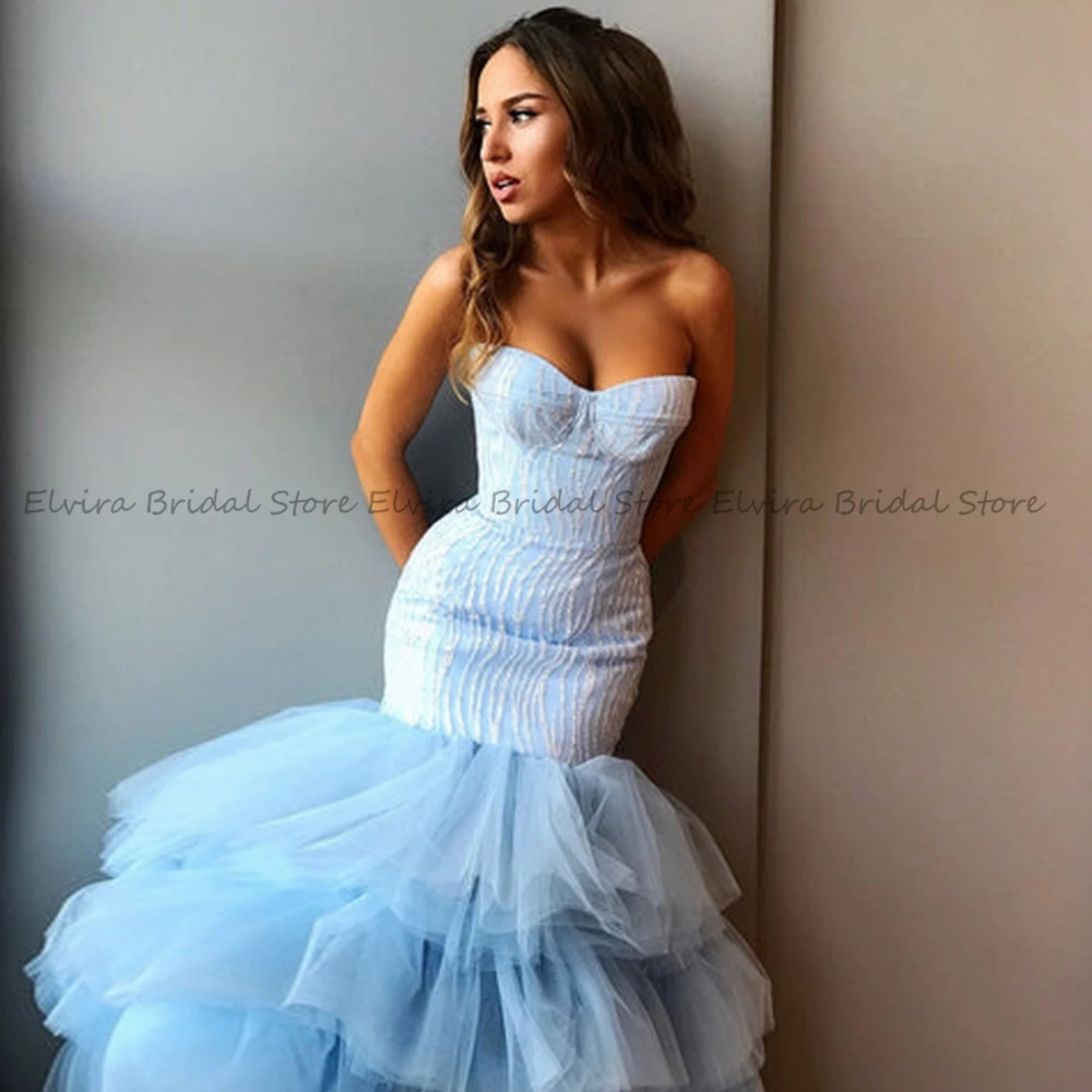 Abiti da ballo personalizzati con volant di alta qualità da donna Baby Blue Sweetheart Hi-Lo lunghezza pavimento paillettes senza maniche sirena senza schienale