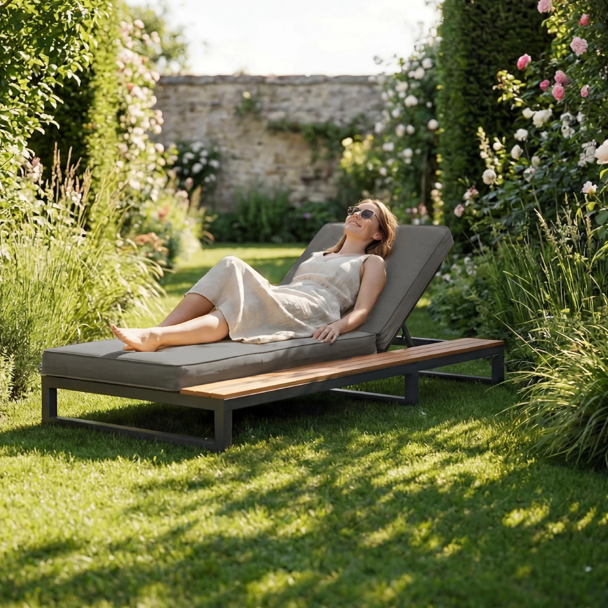 Lit de repos d'extérieur, canapé-lit multifonctionnel imperméable avec étagères, dossier réglable, côté droit, gris