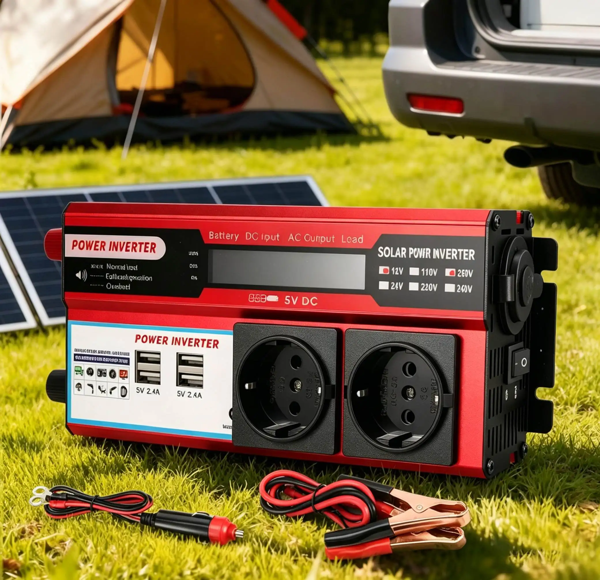 Convertisseur d'alimentation DC 12V vers AC 220V 230V avec 4 prises USB EU et affichage LED