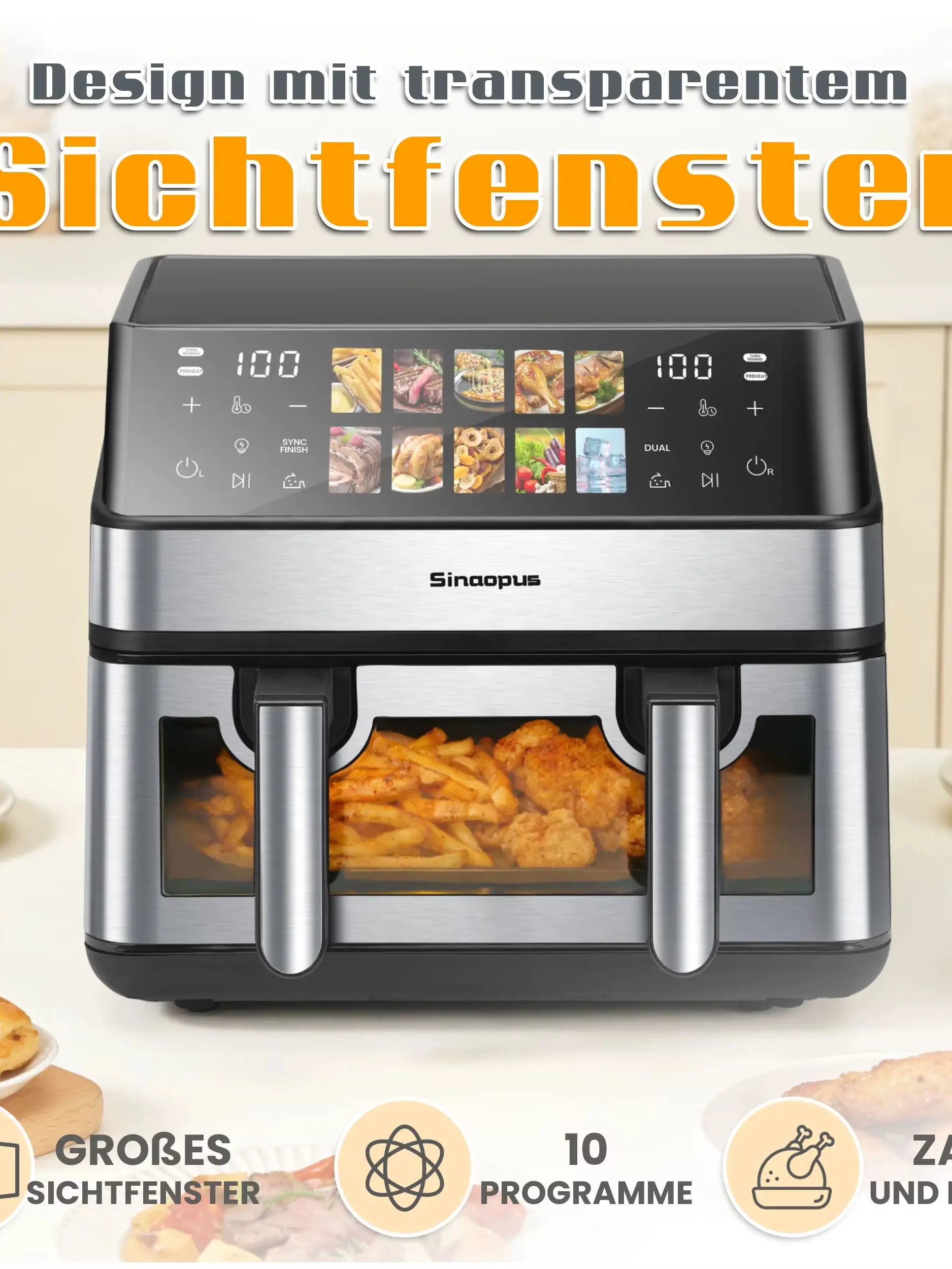 8,5-Liter-Heißluftfritteuse 2000W mit zwei Körben, LED-Touch-Sichtfenster, Backofen, 10 Programme, ölfrei, familienfreundlich & gesund