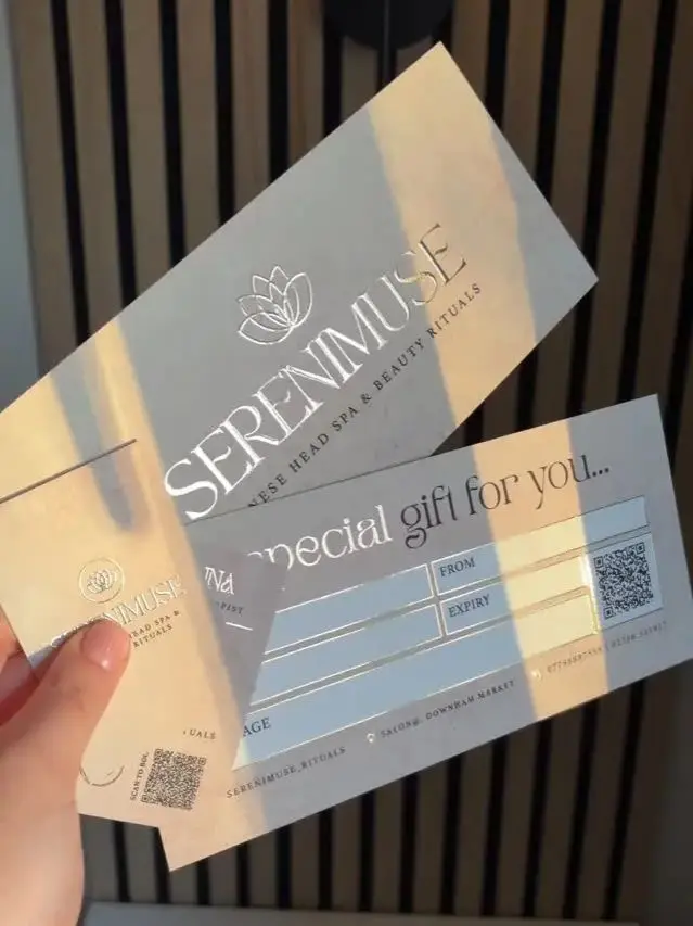 

Custom Raised gold Foil Gift vouchers and Business cards with Soft velvet matte Printable luxury business Flyer For Clients QR