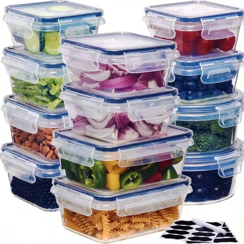 12 Piece Food Storage Containers Set With Easy Snap Lids (12 Lids + 12 Containers) - Airtight Plastic Containers For Pantry & Kitchen Organization - With Free Labels & Marker.