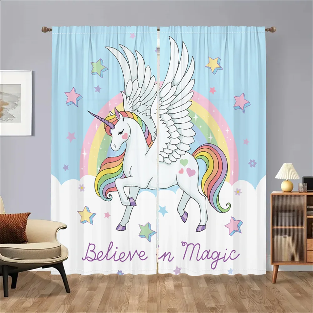 

Шторы с изображением сказочного единорога, радужные шторы с рисунком звезд, для гостиной, спальни, детской комнаты, декоративные занавески с волшебной тематикой, 2 шт.