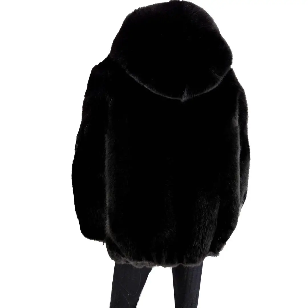 Fashion Black Genuine Fox Fur Jacket Wholeskin High Street Man Natural Fox Fur Jackets with Hood Thick Warm Man Fur Overcoats