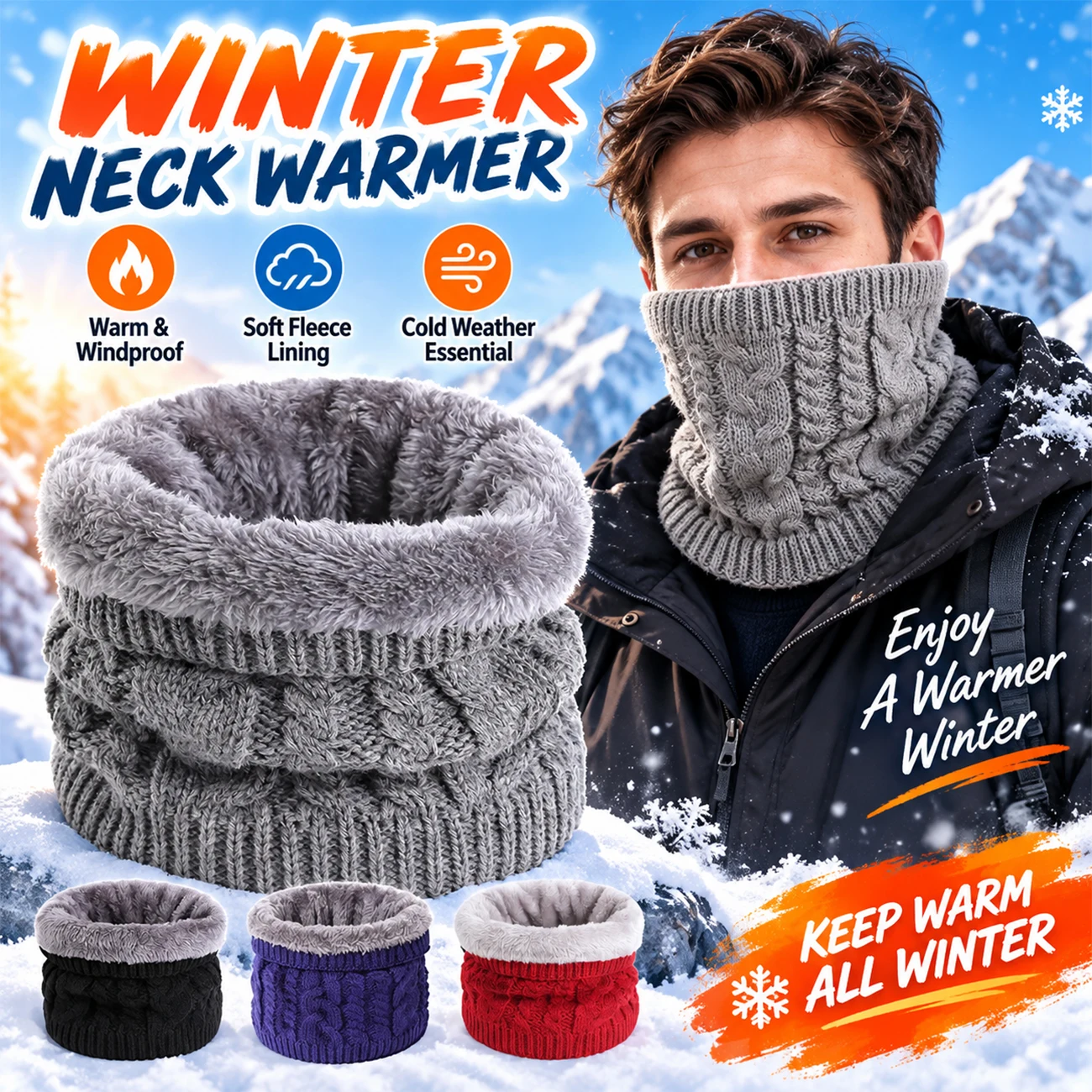 1PC Thermal Winter Neck Gaiter Knitted Fleece Lined Warmer Windproof Scarf for Ski Snowboard Cycling Motorcycle