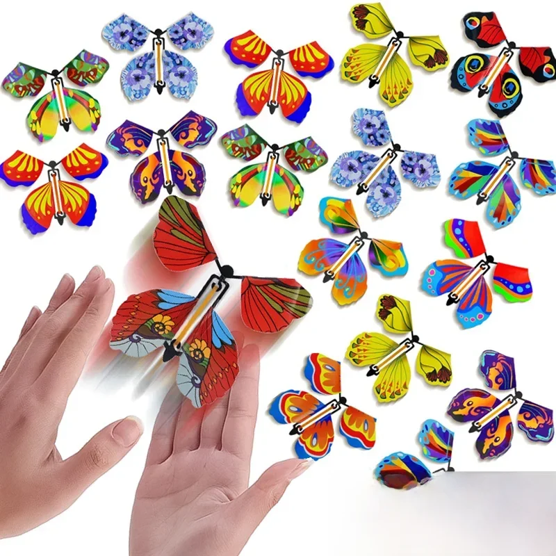 Jouet à remonter papillon volant magique dans le ciel, 5 pièces, cartes alimentées avec bande de caoutchouc amusante, accessoires de tours pour enfants, cadeau de fête, grande surpris