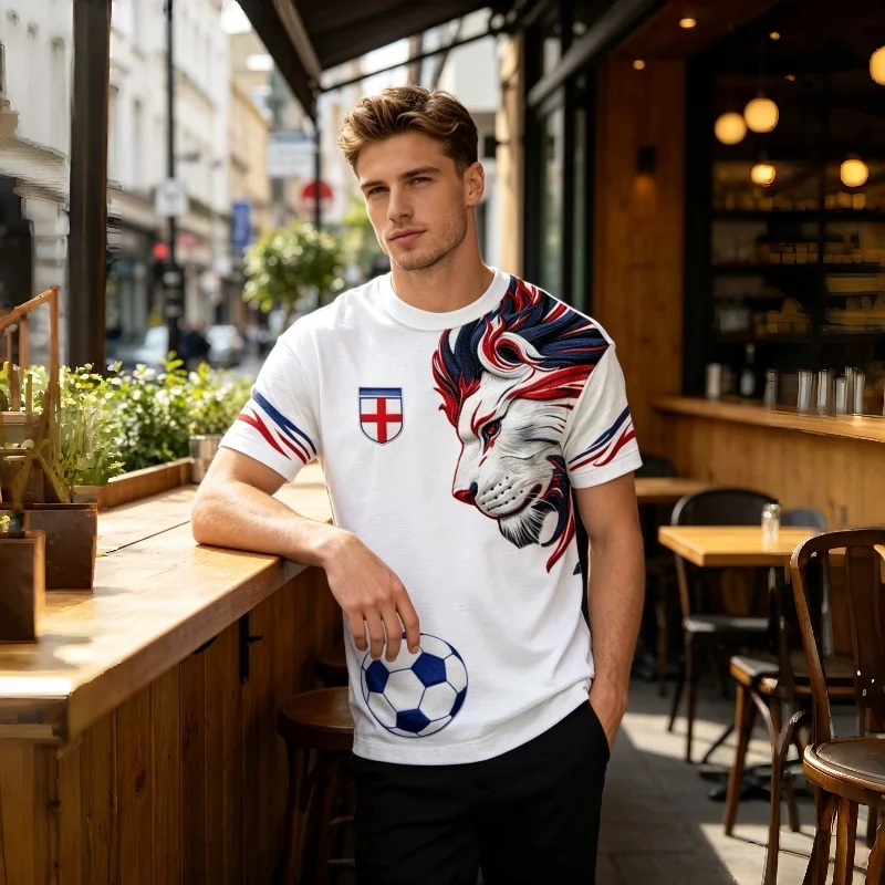 Herren England Löwen Fußball-Print T-Shirt St. George-Kreuz-Muster Kurzarm O-Ausschnitt Lässiges Sport-Fan-T-Shirt Weiß