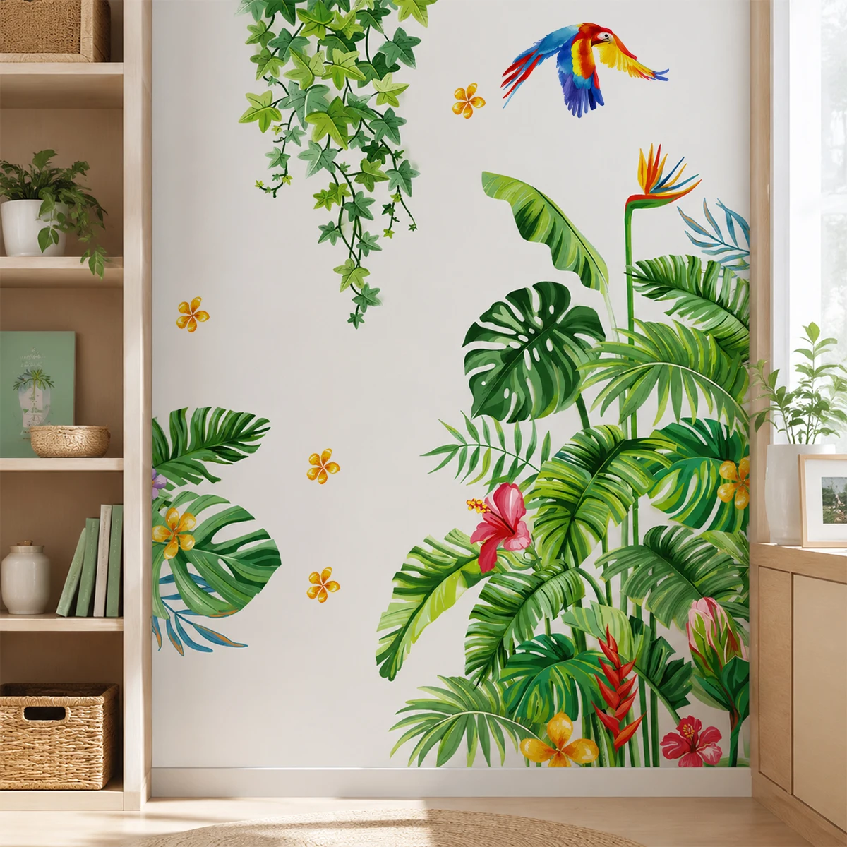 Tropical Plants Door Stickers Palm Leaves Wall Decals Parrot Hanging Ivy Floral Wall Stickers for Living Room Bedroom Home Decor view 3