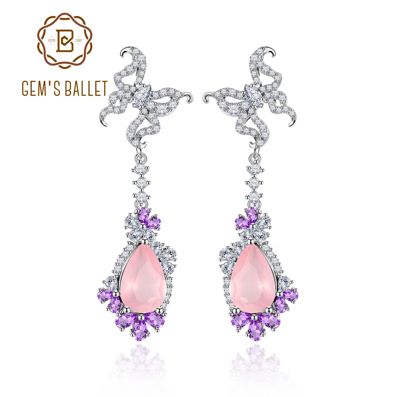 GEM'S BALLET 925 Sterling Silver Wedding Earrings Pear Shape Natural Rose Quartz Bridal Earrings Luxury Jewelry Gift for Her