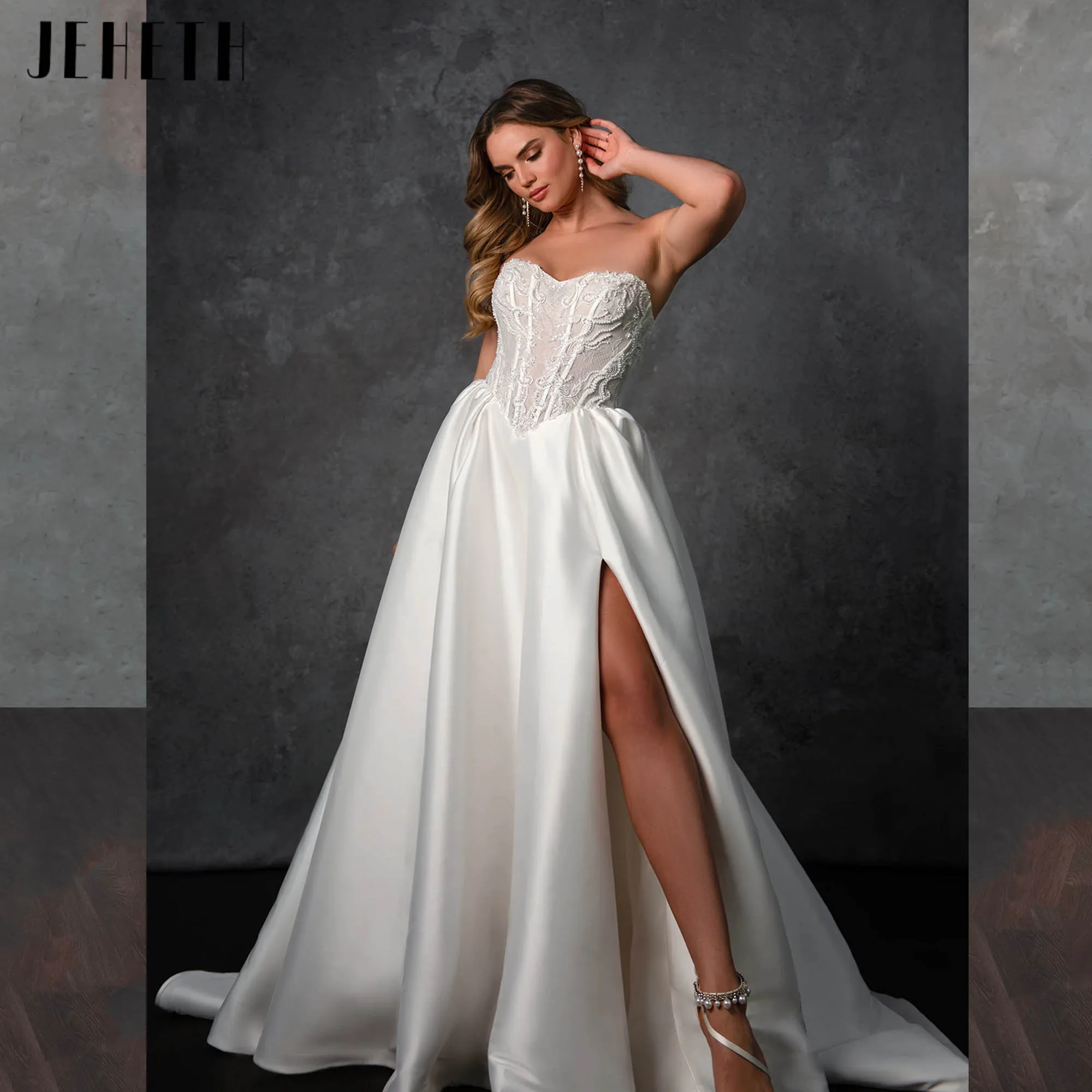 فساتين زفاف JEHETH على شكل حرف a من الساتان بدون حمالات مزينة باللؤلؤ زي العرائس بدون أكمام الأميرة فيستدوس دي نوفيا مخصصة