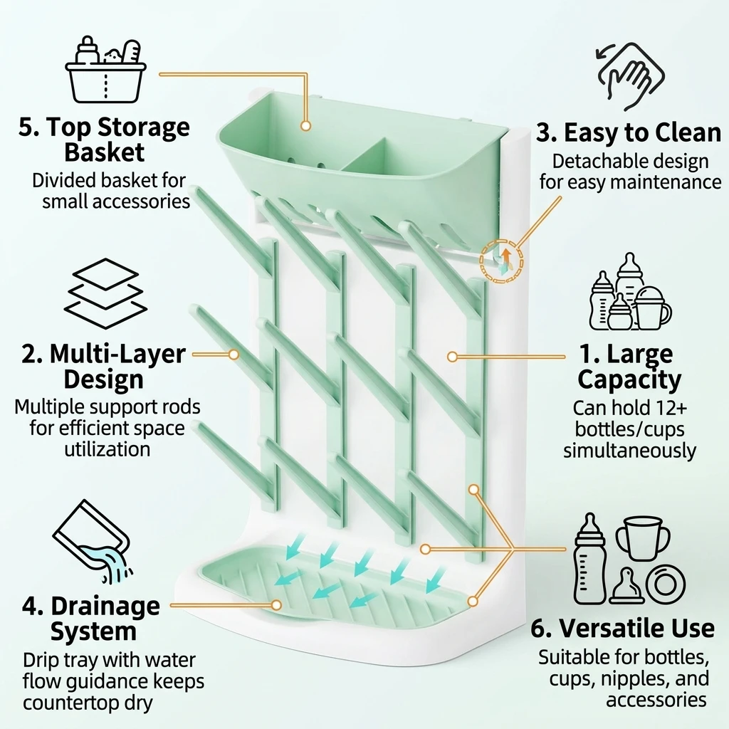 Baby Bottle Drying Rack Vertical Bottle Dryer Rack Holder Organizer Space Saving Standing Drying Rack for Baby Bottles and Cup