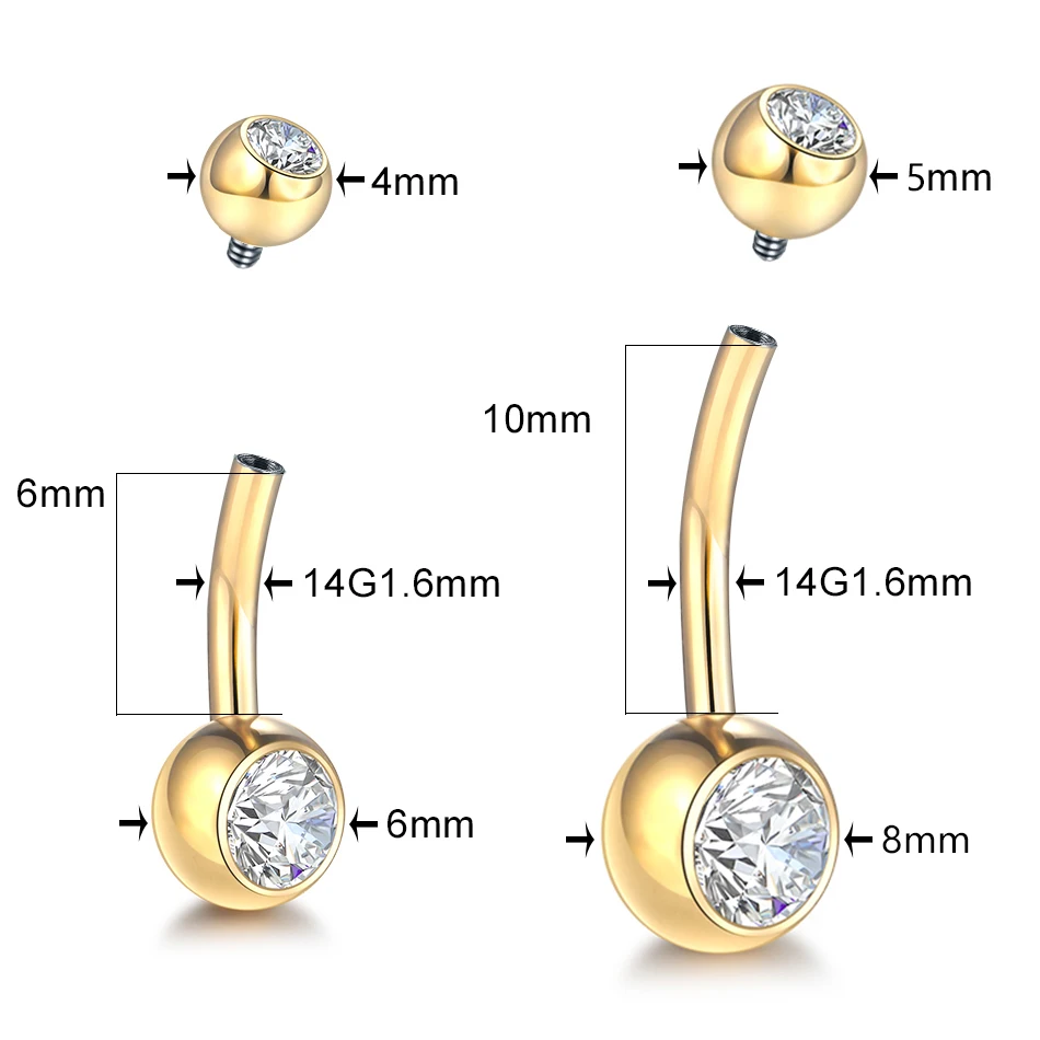 5/10Pcs G23 Titanium Belly Button Rings Navel Bar Nombril Piercing CZ Gem 6/8/10/12mm 14G Gold Color Belly Piercing Sexy Jewelry