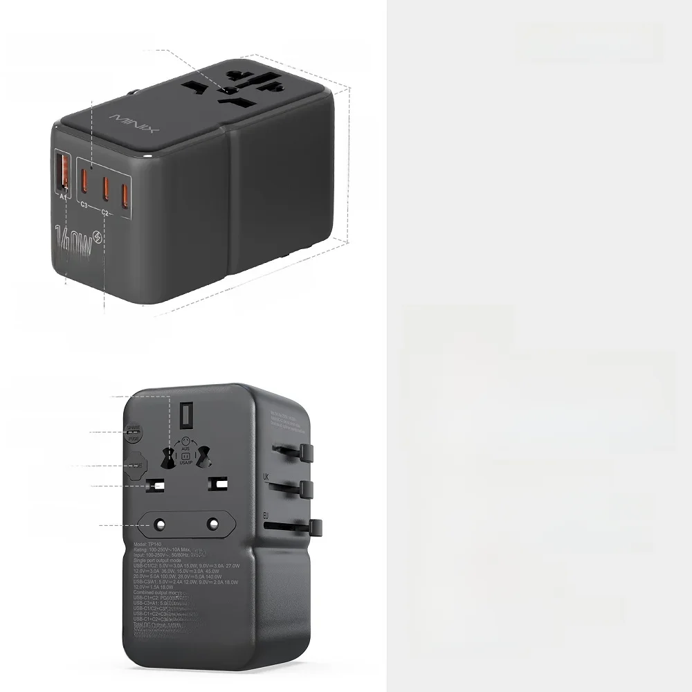 Universal Travel Adapter with 140W PD ports GaN Technology International AC socket with 1 USB-A and 3 USB-C port