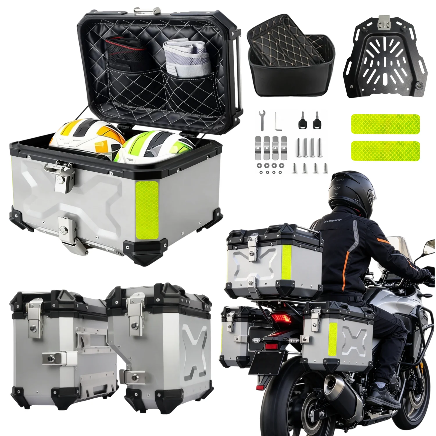 Image of 45L, 55L, 65L Aluminium Motorrad-Topcase Silber 38L Motorrad-Seitenkoffer Wasserdichter Schnellverschluss-Koffer Heckkoffer Helmkoffer Werkzeugkoffer
