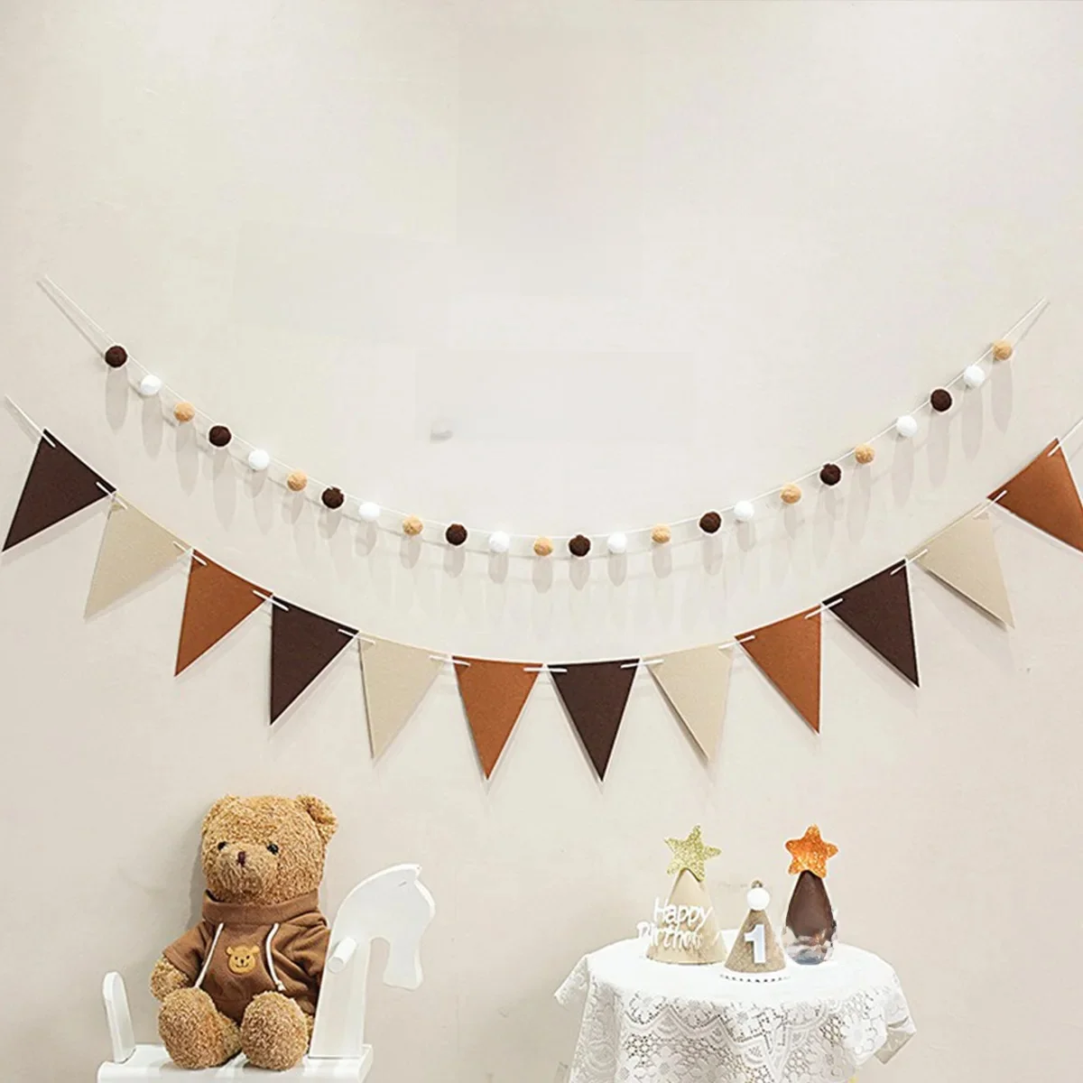 Happy Birthday Party Decor Brown Happy Birthday Banner Hairball String Hanging Flag Pulling Flower Felt Digital Kid Party Decor — zdjęcie 2