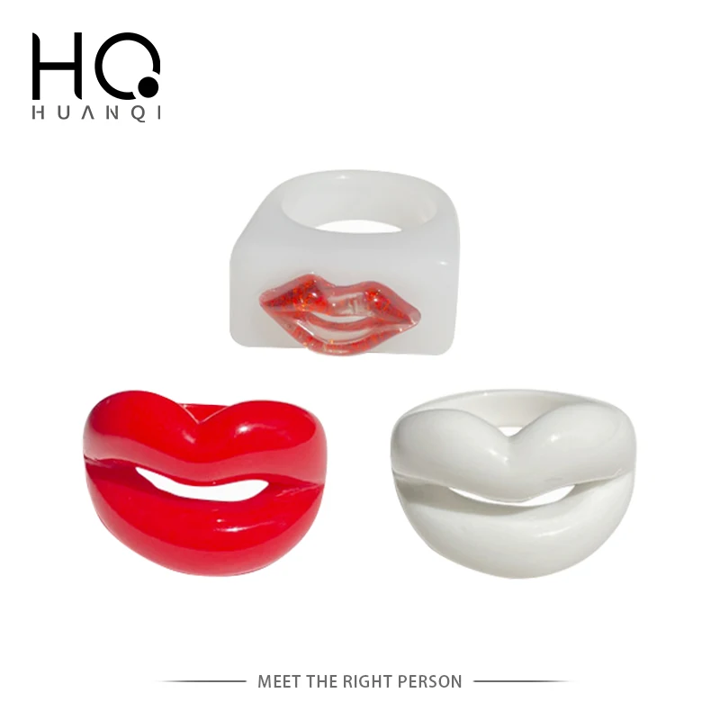 HUANQI 2021 New Fashion Punk Red Lips Shape Resin Finger Rings Mouth Lip Acrylic Ring for Women Girls Party Jewelry