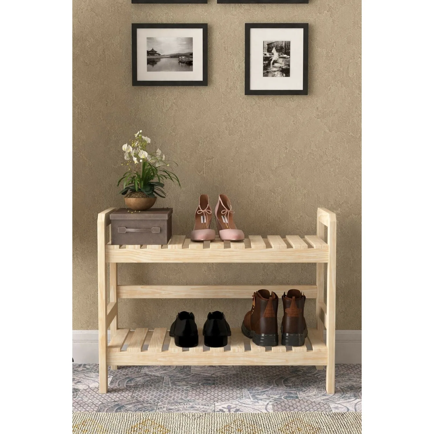 Tedarik Center Varnished Wooden Shoe Rack 2 Layers 68 x 52 x 30 cm quality durable wipeable shoe rack