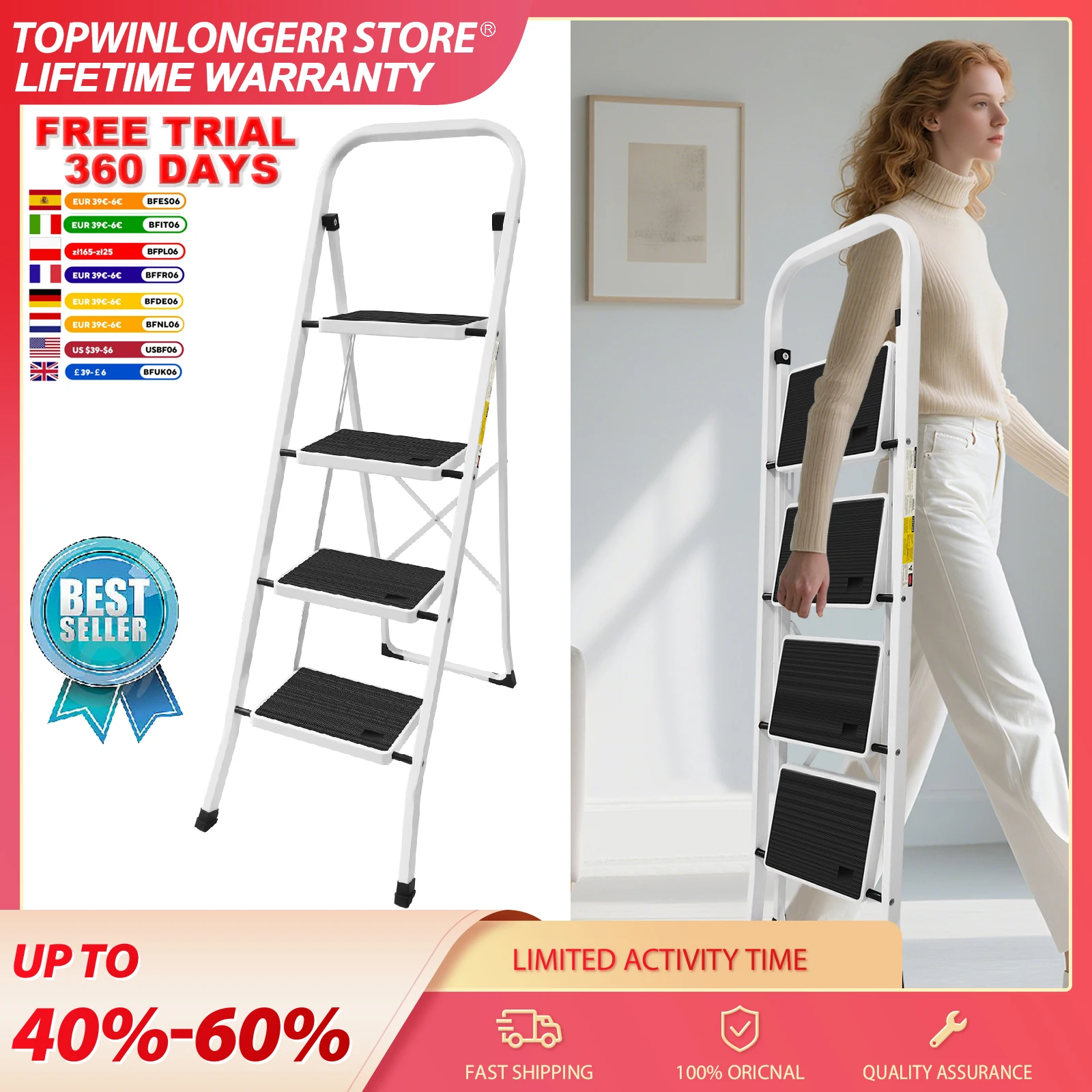 Escalera Plegable de 4 Peldaños, Escalera Portátil de 4 Peldaños Multiusos, Taburete Plegable para Hogar, Cocina, Garaje, Oficina, Tienda, RV, con Mango Antideslizante y Pedal Ancho, Capacidad de 330 lb