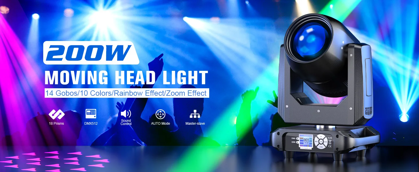 LeLeght 200W Moving Head 18-Facet Prism Stage Light 14CH DMX512 With Sound Activated for Parties Wedding Church Live Show Bar