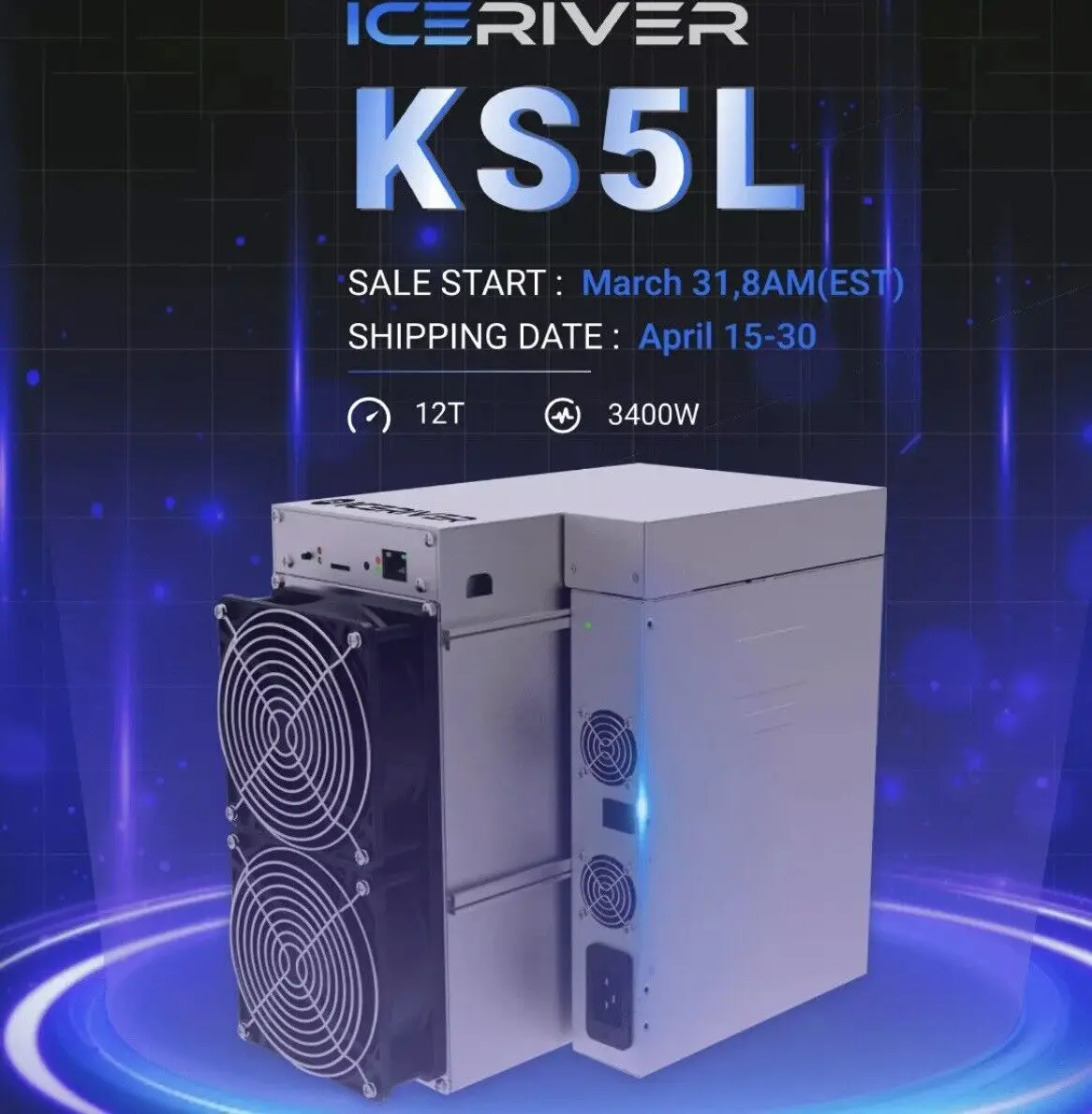 

Быстрая доставка IceRiver KS5L Kaspa Miner 12T 3400 Вт KAS с блоком питания и шнуром