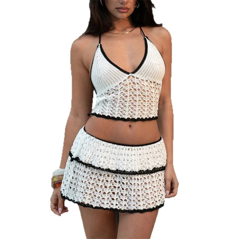 Vestido de playa de 2 uds., traje de baño de punto para mujer, traje de baño Sexy con cuello Halter, Top corto y minifaldas, envoltura de Bikini de ganchillo ahuecada