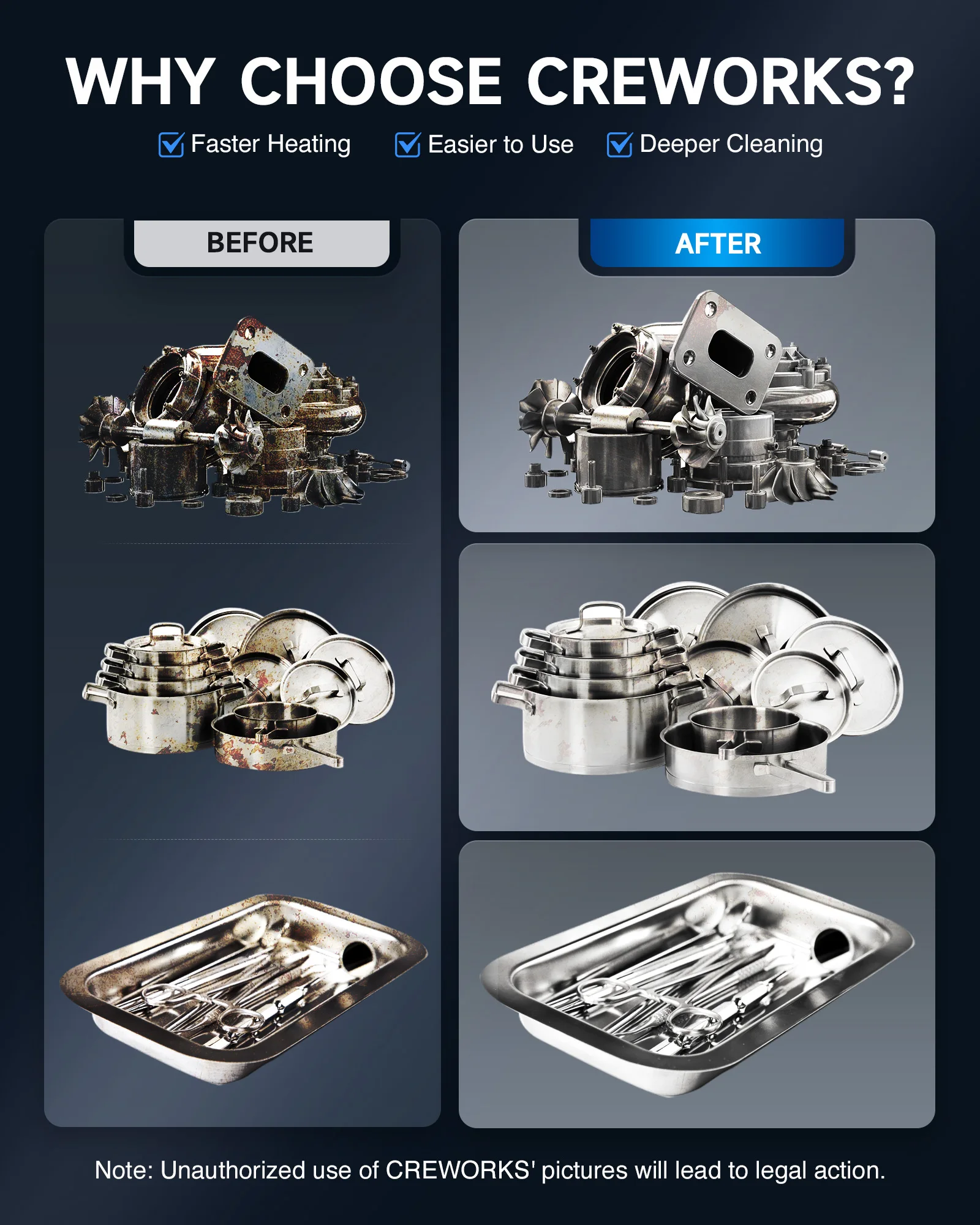 CREWORKS 2L-30L Ultrasonic Cleaner Knob Control Digital Sonic Cleaner with Timer & Heater & Degas & Gentle Modes