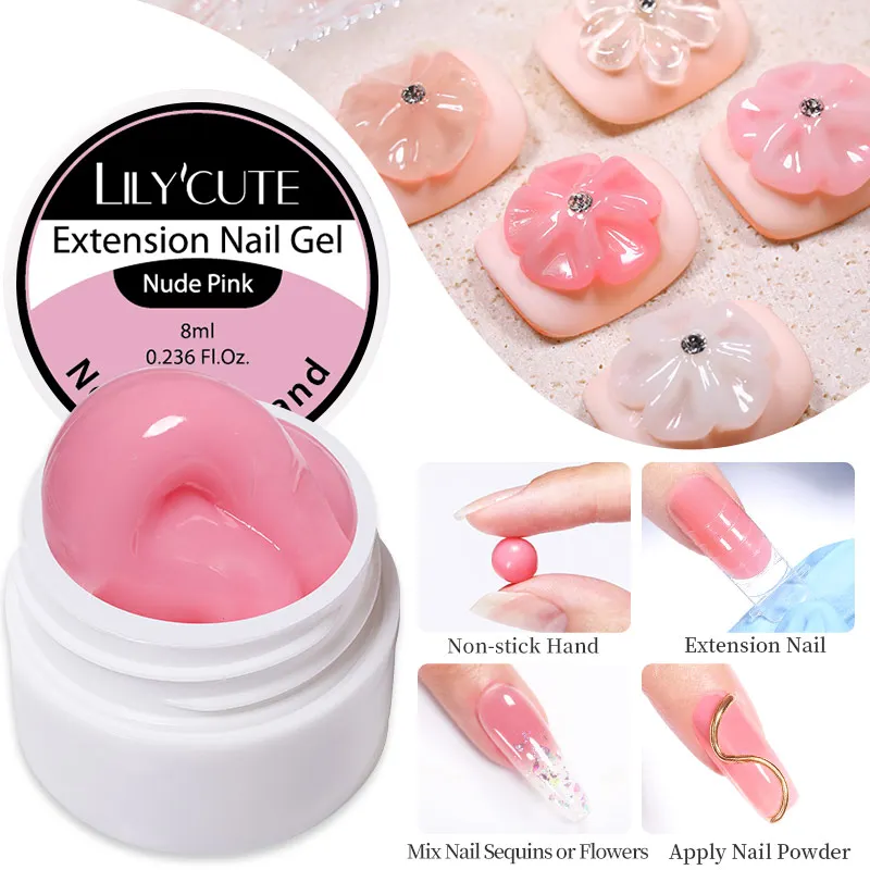 LILYCUTE 8ML Clear Nude Pink Non Stick Hand Solid Extension Gel Nail Polish Nail Art Carving Flower Construction UV Gel Varnish