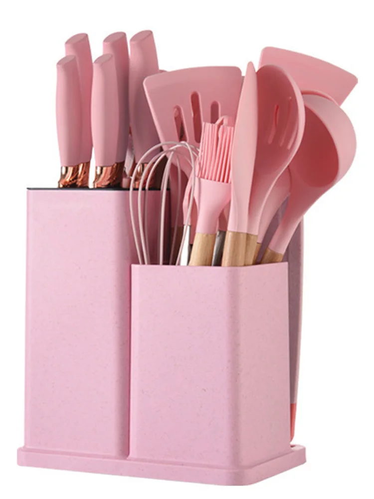 Ensemble d'ustensiles de cuisine en Silicone, 19 spatules d'ustensiles de cuisine en Silicone avec manche en bois