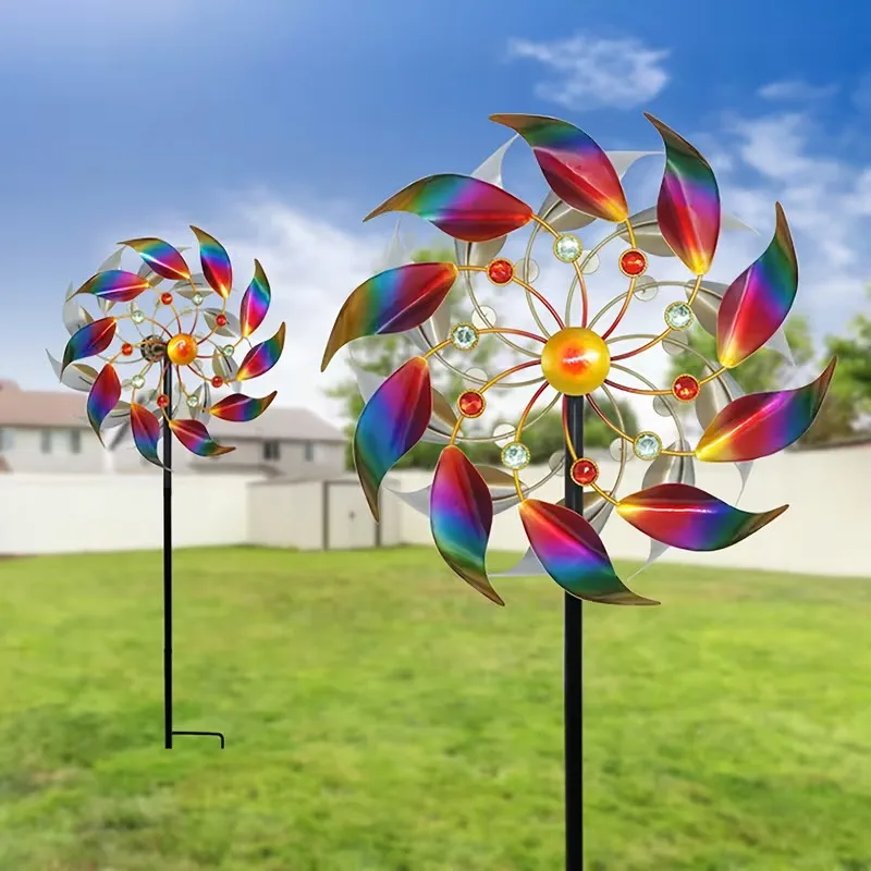 Outdoor Double-Layer Iridescent Metal Wind Spinner with Ground Stake, for Decorating Gardens, Yards, and Lawns, Windmill; Gift.
