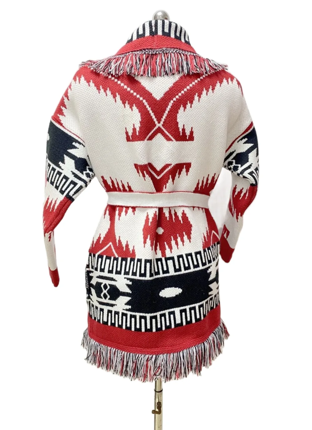 HIGH QUALITY Ethnic Boho Gypsy Bohemian Stylish Women\'s Cashmere Wool Jacquard Print Fringed Belted  Wrap Cardigan In Red