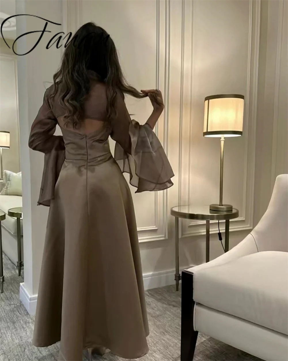 Customized Solid Color Full Flare Sleeves Prom Gown Modern Ankle-Length A-line Simple Elegant Evening Party Dresses فساتين للحفل