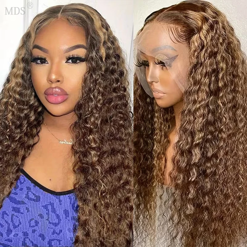 

30 32 Inch Highlight Water Wave Lace Front Wig Human Hair Curly Human Hair Wigs 4/27 Colored 13x4 13X6 Lace Frontal Wig 250%