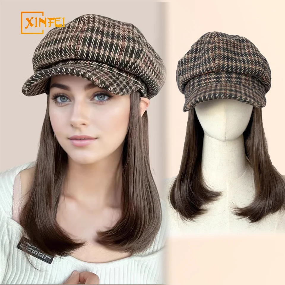 XINFEI Synthetic Hat Wig  Straight Hair  Berets wig caps for women Octagonal Hat wig Extensions Hair Accessories Wig Women