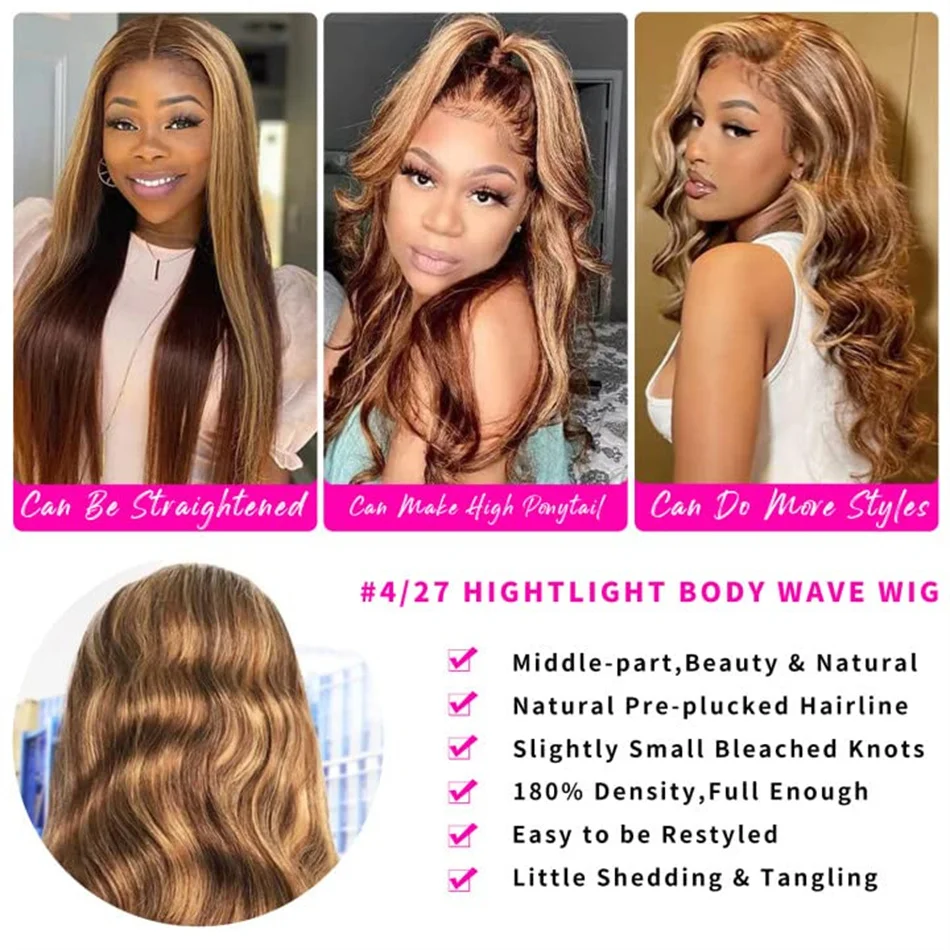 Body Wave 4/27 Honey Blonde 34 pollici parrucca anteriore in pizzo capelli umani HD parrucche frontali in pizzo per le donne evidenziare parrucca Omber capelli umani