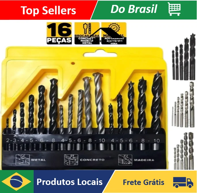 Conjunto de Brocas de 16 Peças com Estojo de Madeira para Ferro, Concreto e Metal, Para Furadeira e Parafusadeira - Loja Toemcasa