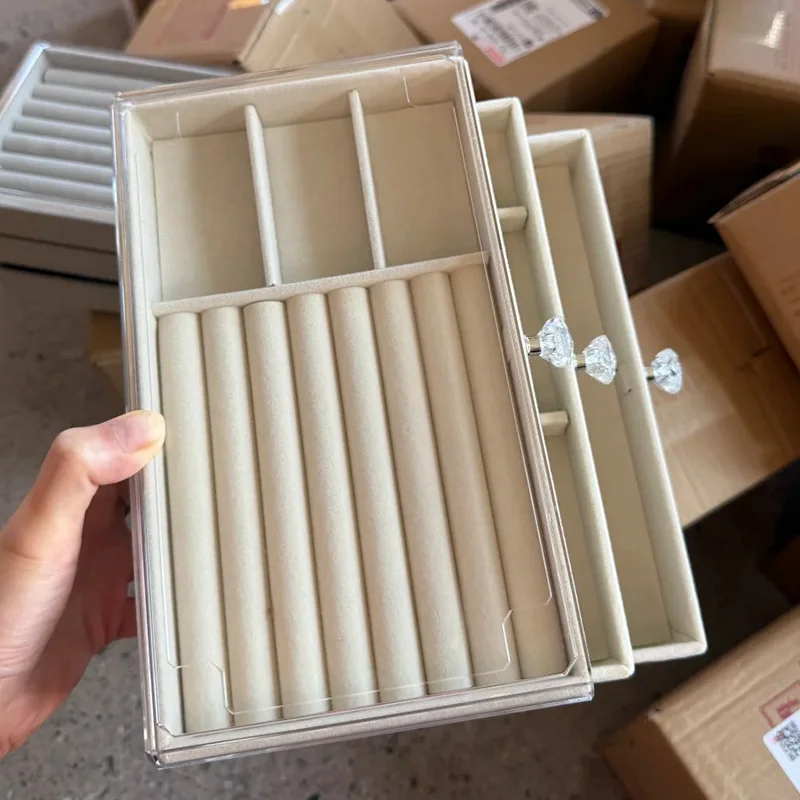 

New Beige Grey High-quality Acrylic Velvet Multi Layer Jewelry Box for Women Dust-proof Fleece Exquisite Rings Storage Boxes