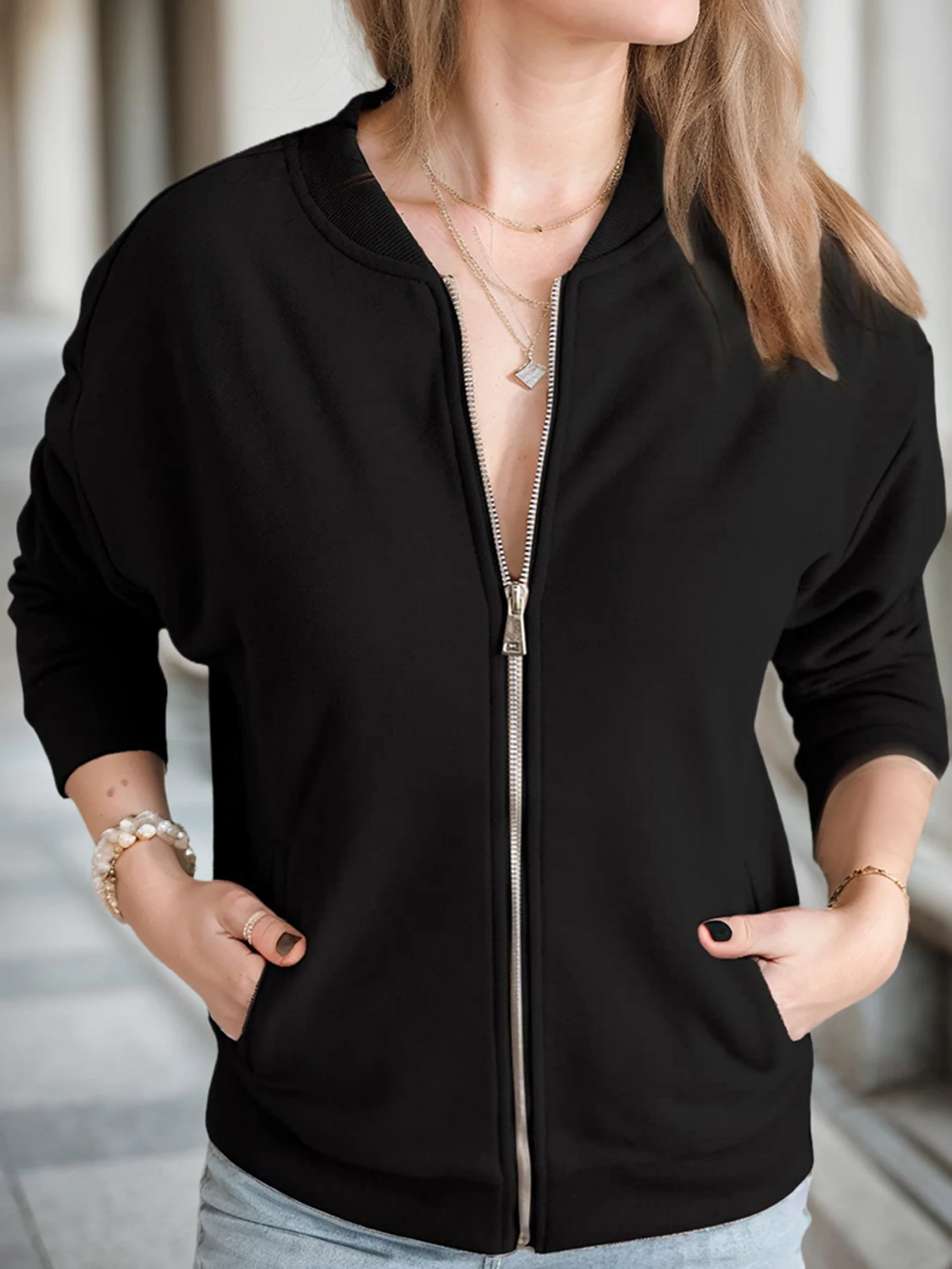 

Cool Zip Up Sweatshirts Jackets with Pockets, Solid Color Casual Style Long Sleeve, Woman Clothes