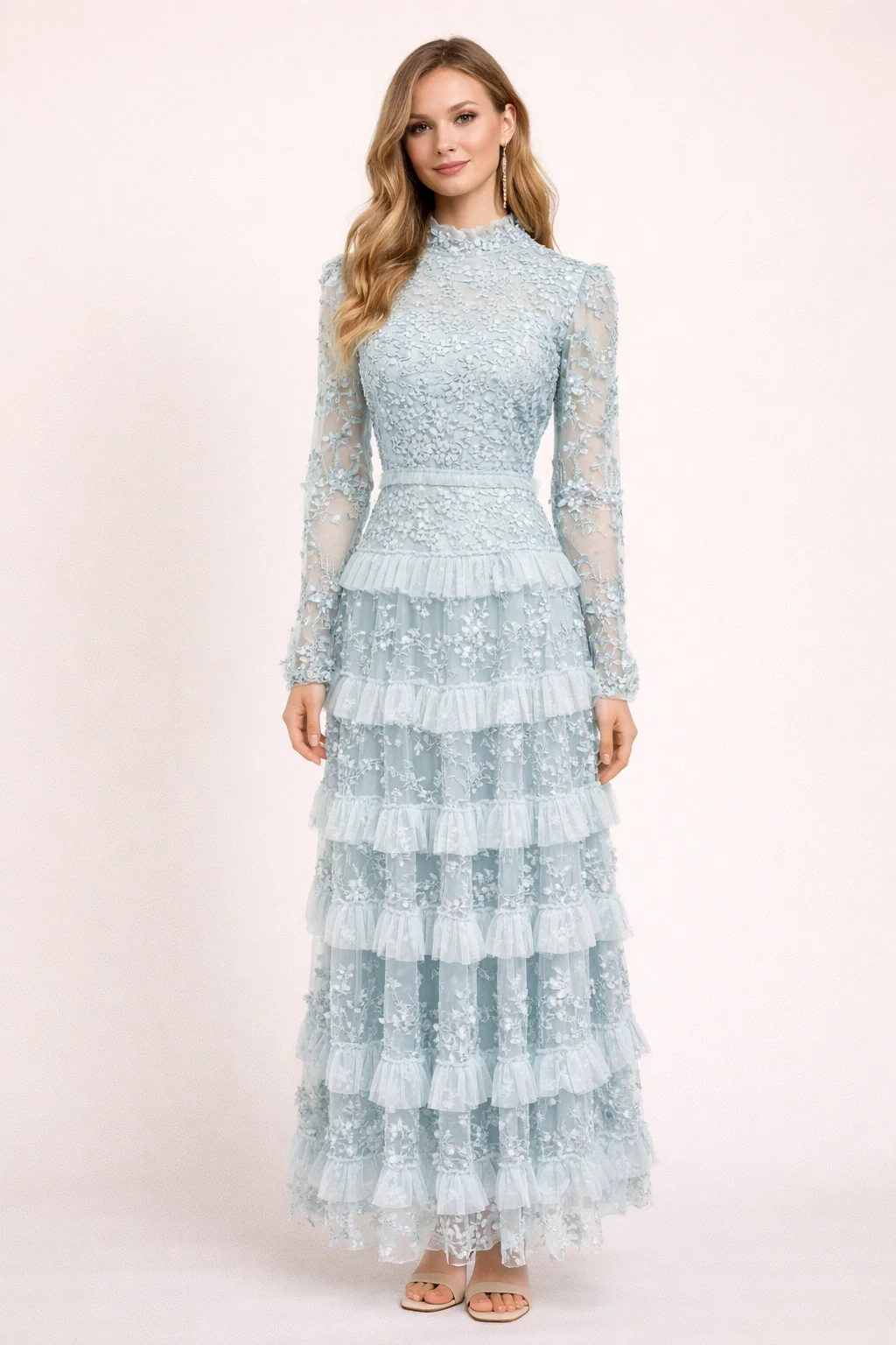 

Elegant Light Blue Lace Maxi Dress Women 2025 Long Sleeve Tiered Ruffle Party Dress