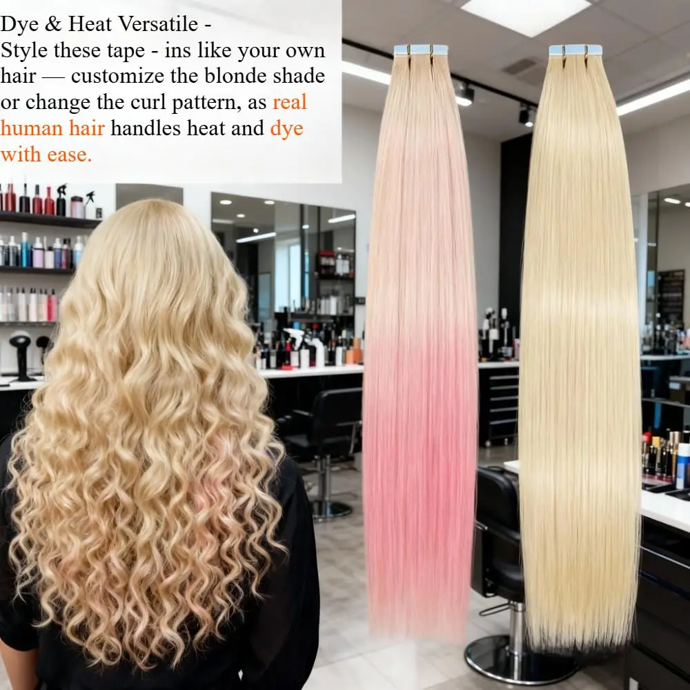 شريط أشقر في وصلات الشعر، شعر بشري بلاتيني # 613 شريط لحمة جلد مستقيم بدون خياطة في وصلات شعر بشري حقيقي 50 جرام #3