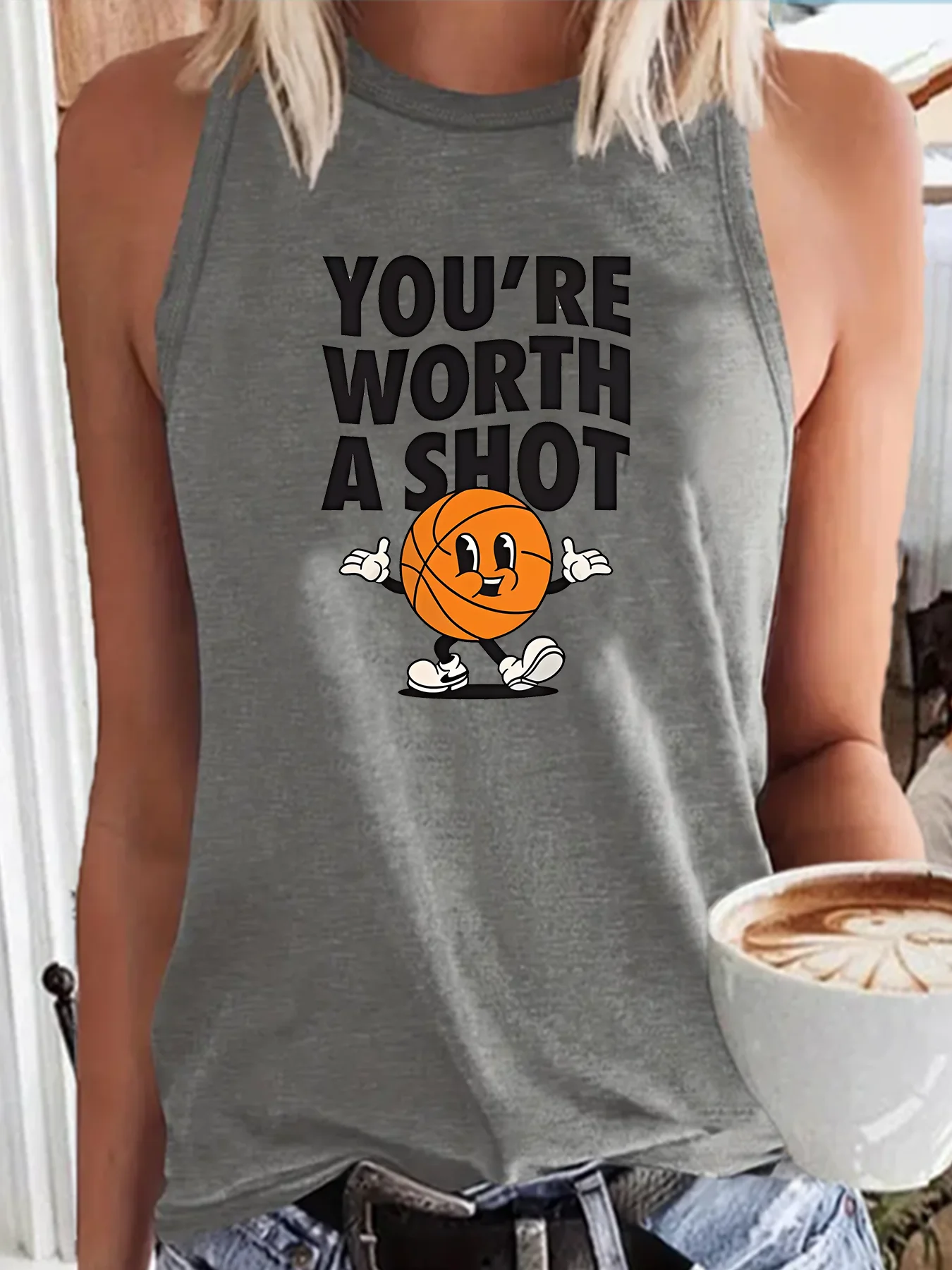 You're Worth A Shot Basketball Fashion Funny Sports Women's Tank Top Loose O Neck Sleeveless Casual Tank