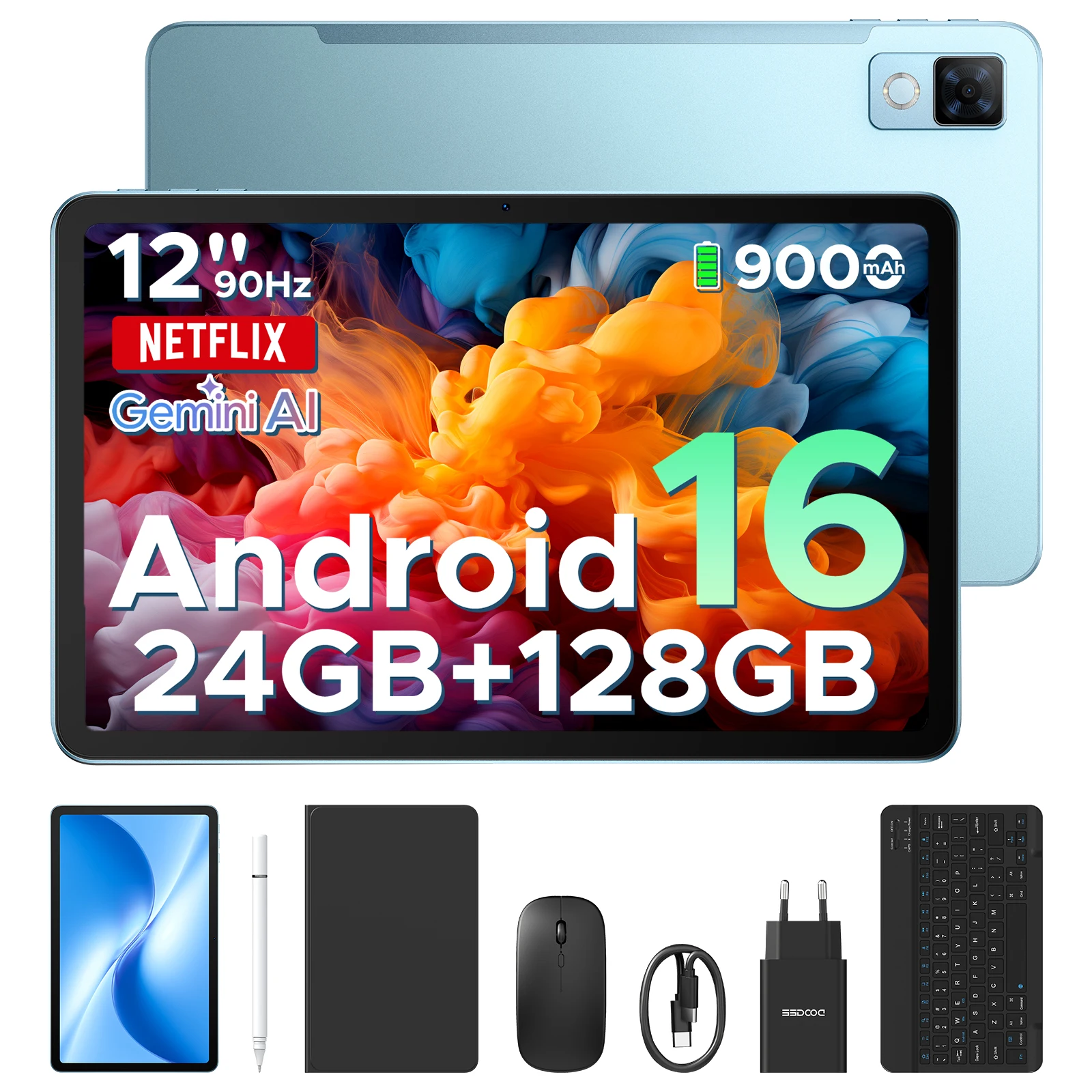DOOGEE U12 Tablet 12 inch Android 16 Gemini AI 12'' FHD+ 90Hz Screen 24GB RAM+128GB 9000mAh Battery 7.8mm Ultra-thin Tablet PC