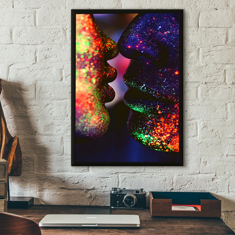 Colorful Fluorescent Couples Lovers Kiss Abstract Art Figure Wall Art Canvas Painting Print Living Room Home Decoration