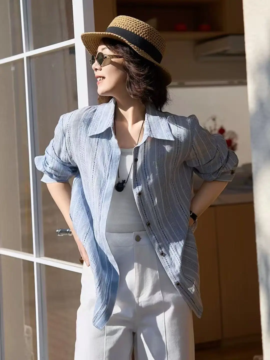 

Fashionable versatile casual collar striped loose linen shirt