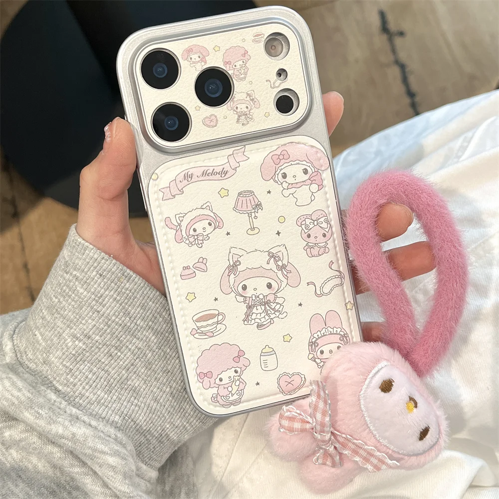 

Cute Melody Cartoon Electroplating Leather Phone Case for iPhone 17 Pro 14 15 16 Pro Max Fundas Plush Pendant Protection Cover